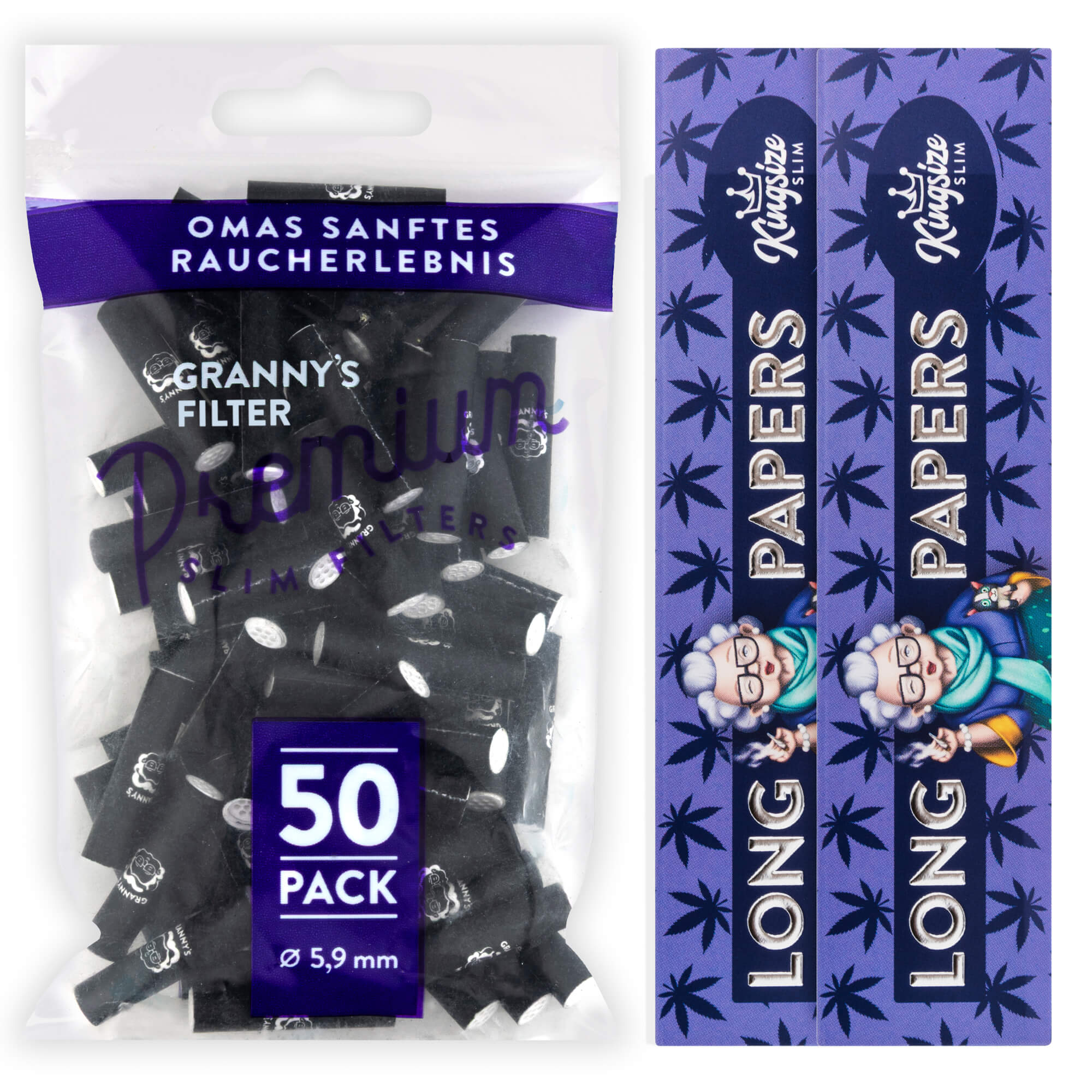 Slim Aktivkohlefilter 5,9 mm & 2 Hanf Long Papers – 50 Stück Set - Grannys Weed