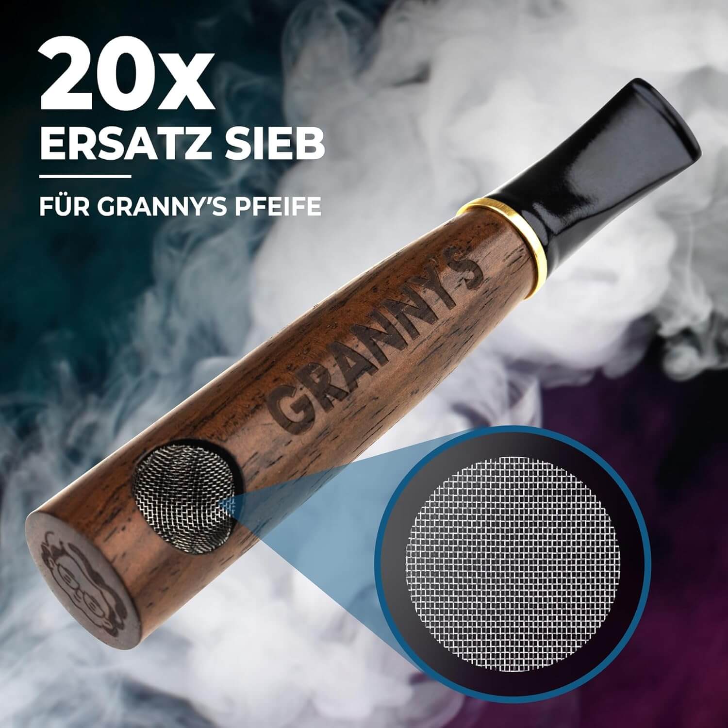 Ersatzsiebe fuer Grannys Holzpfeife mit 9 mm Aktivkohlefilter im Einsatz