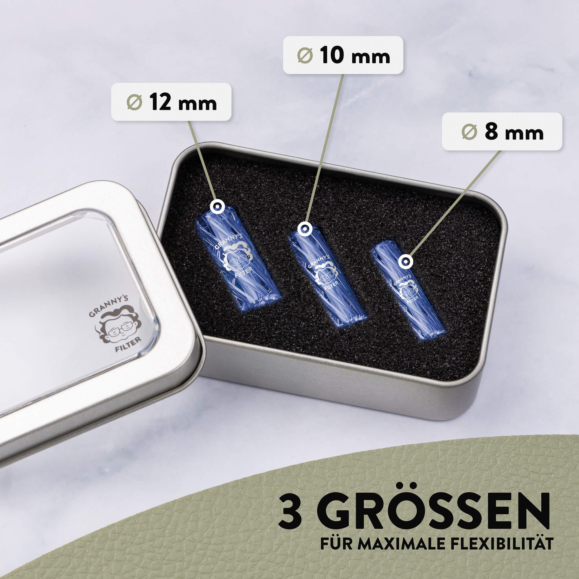 Glas Tips Filter Set 8/10/12 mm in Blau – Set in Box