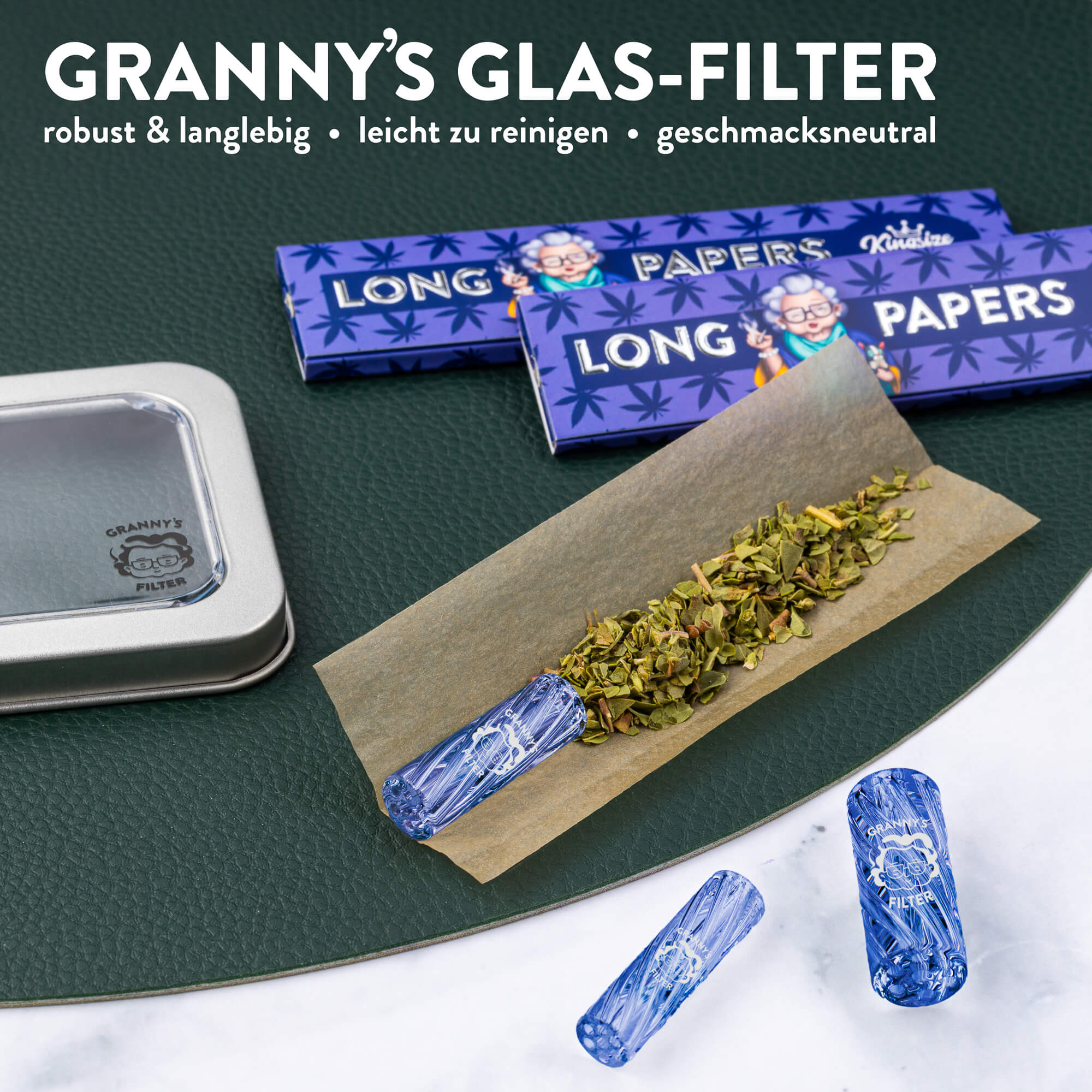 Glas Tips Filter Set 8/10/12 mm in Blau – Produktfoto mit Verpackung