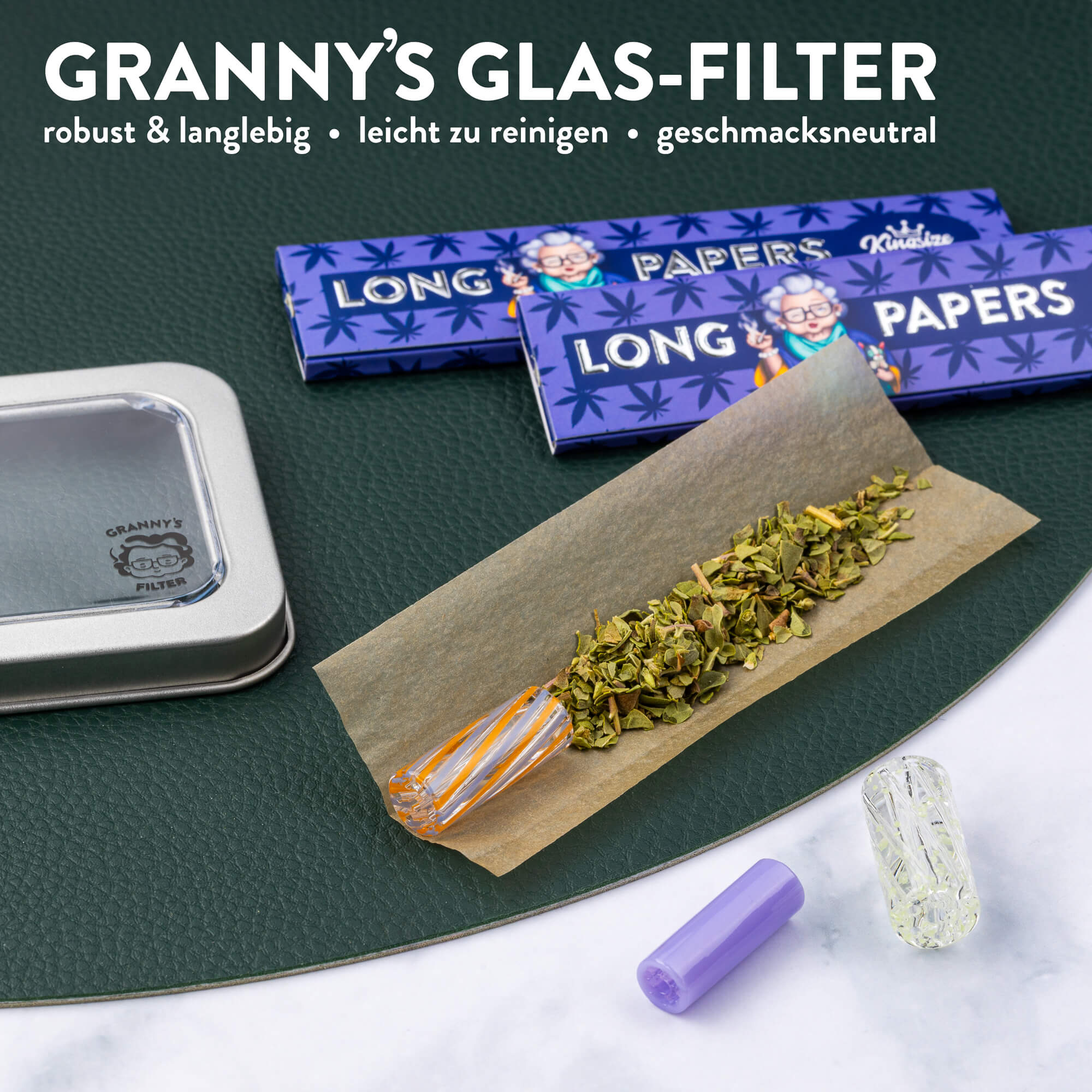 Glas Tips Filter Set 8/10/12 mm – Cannasseur Design, Produktfoto mit Verpackung