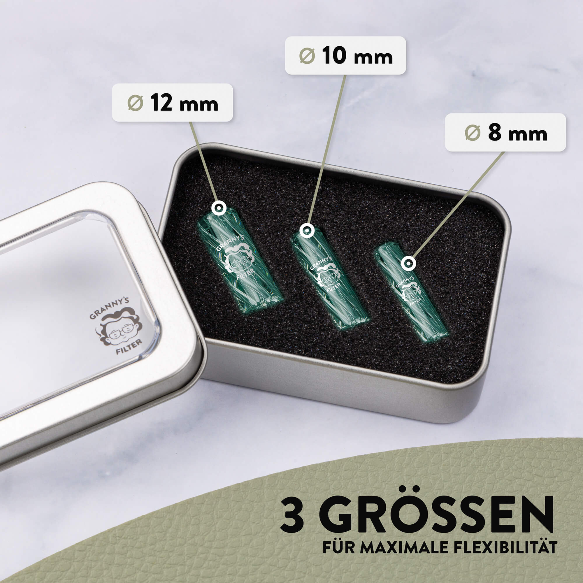Glas Tips Filter Set 8/10/12 mm in Dunkelgrün – Set in Box