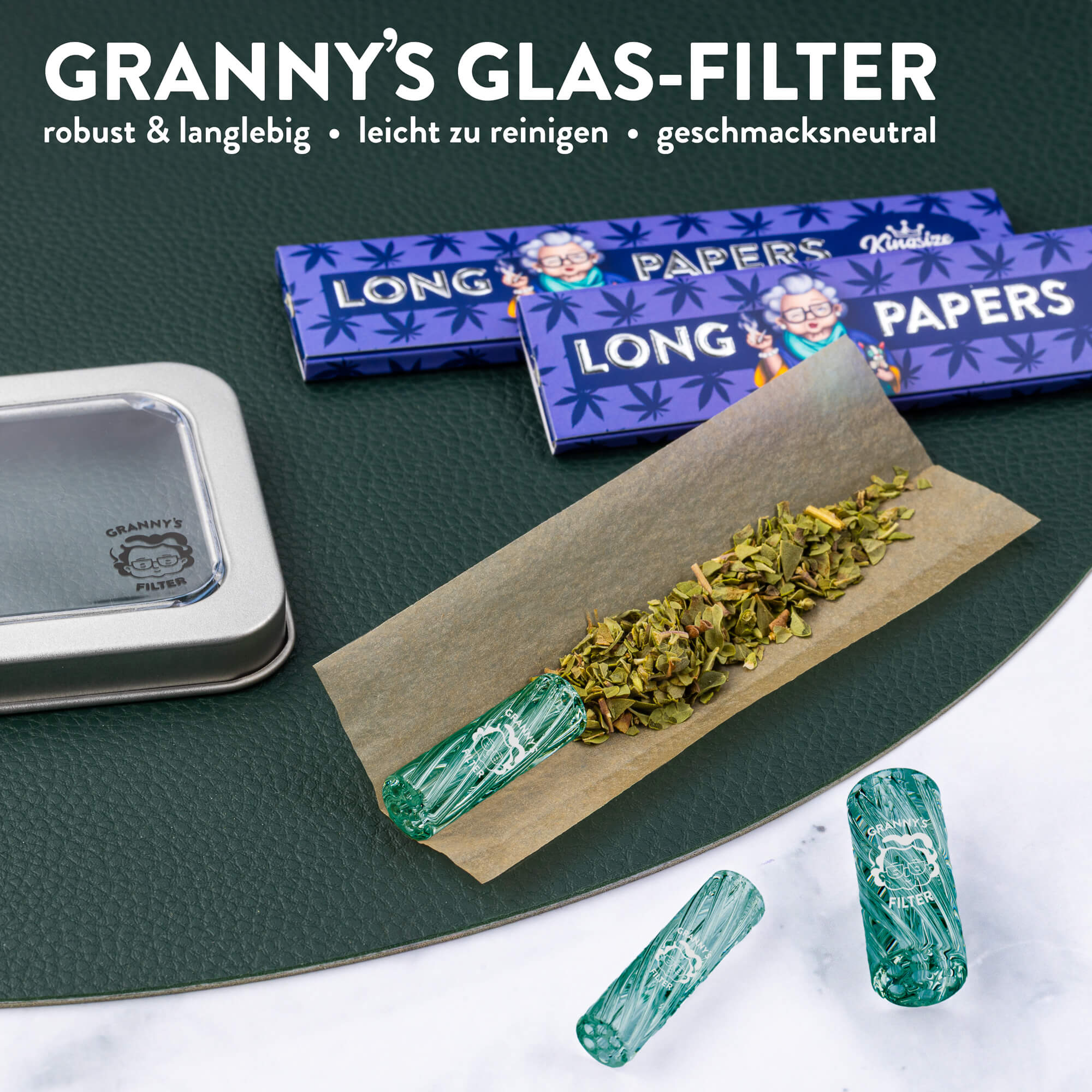 Glas Tips Filter Set 8/10/12 mm in Dunkelgrün – Produktfoto mit Verpackung