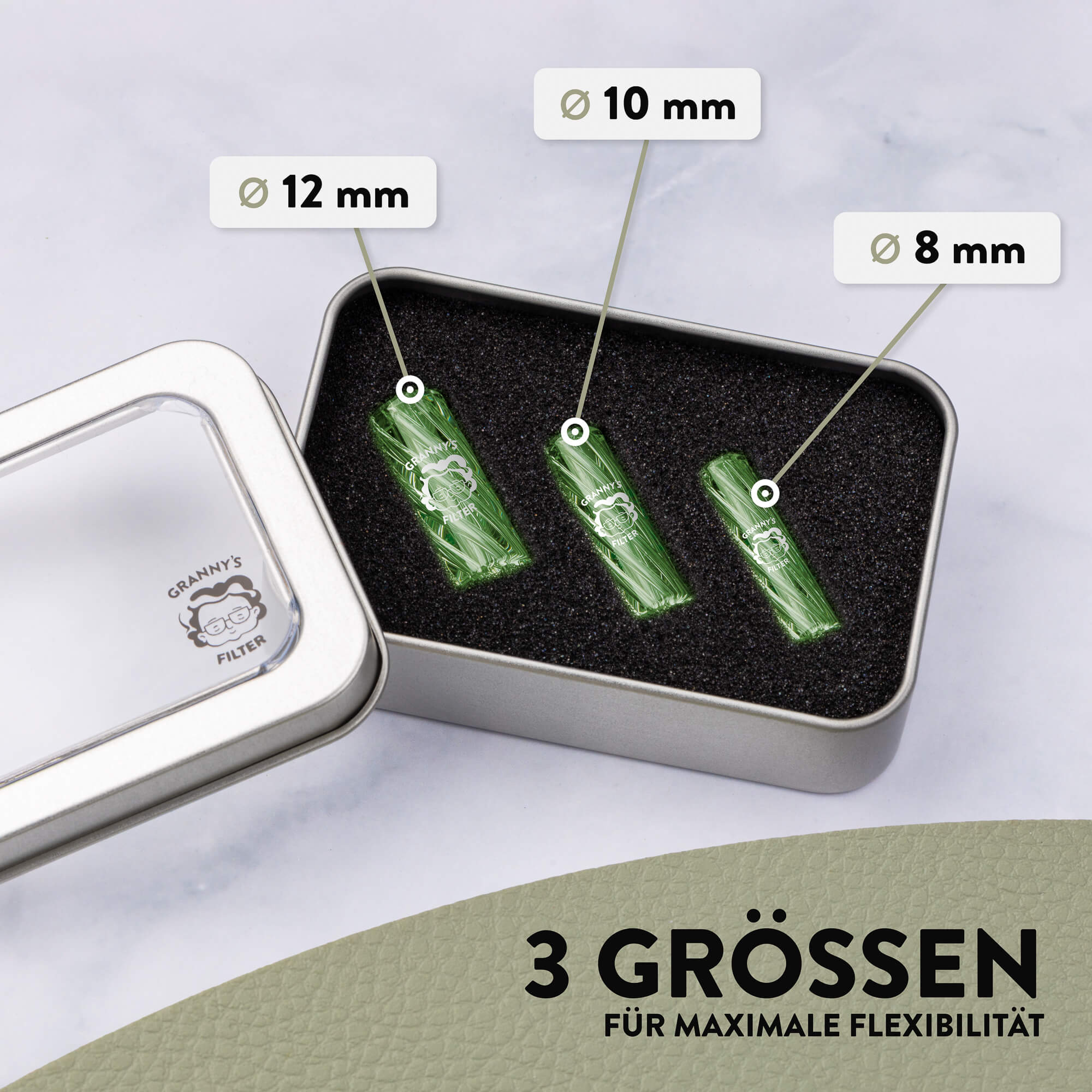 Glas Tips Filter Set 8/10/12 mm in Hellgrün – Set in Box