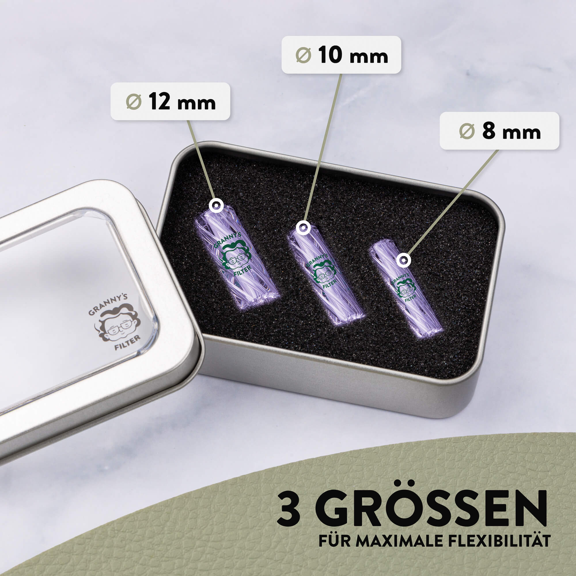 Glas Tips Filter Set 8/10/12 mm in Lila – Set in Box