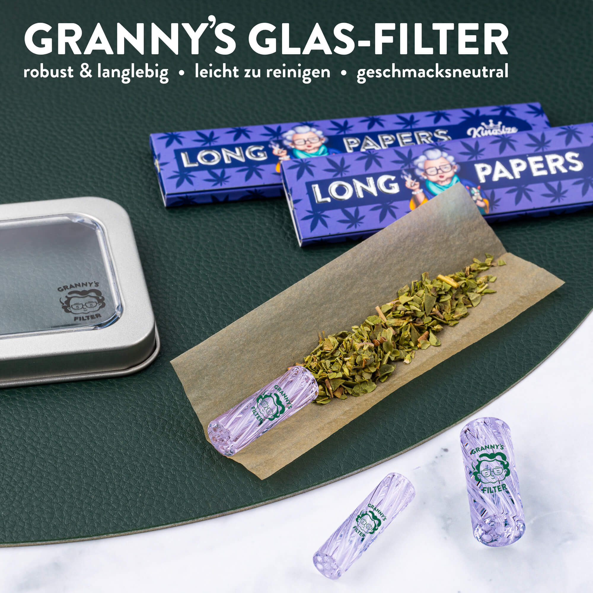 Glas Tips Filter Set 8/10/12 mm in Lila – Produktfoto mit Verpackung