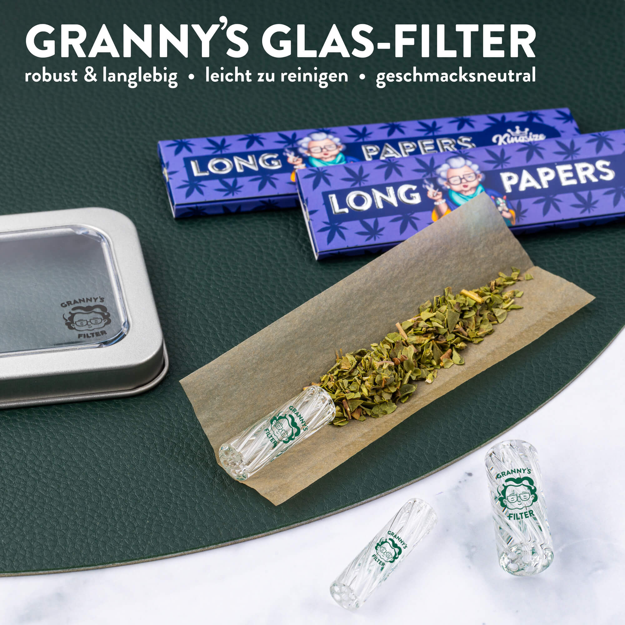 Glas Tips Filter Set 8/10/12 mm in Weiß – Produktfoto mit Verpackung