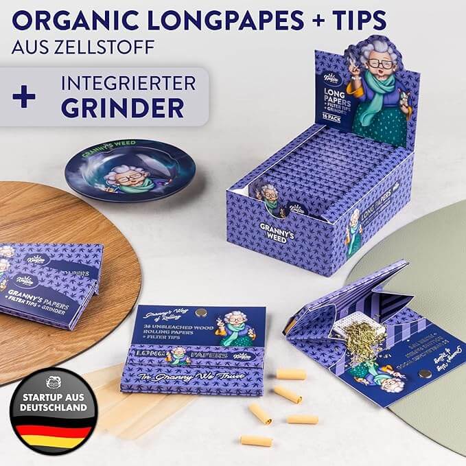 Grannys Long Papers aus Zellstoff 108x45 mm mit Tips und integrierter Grinder Card