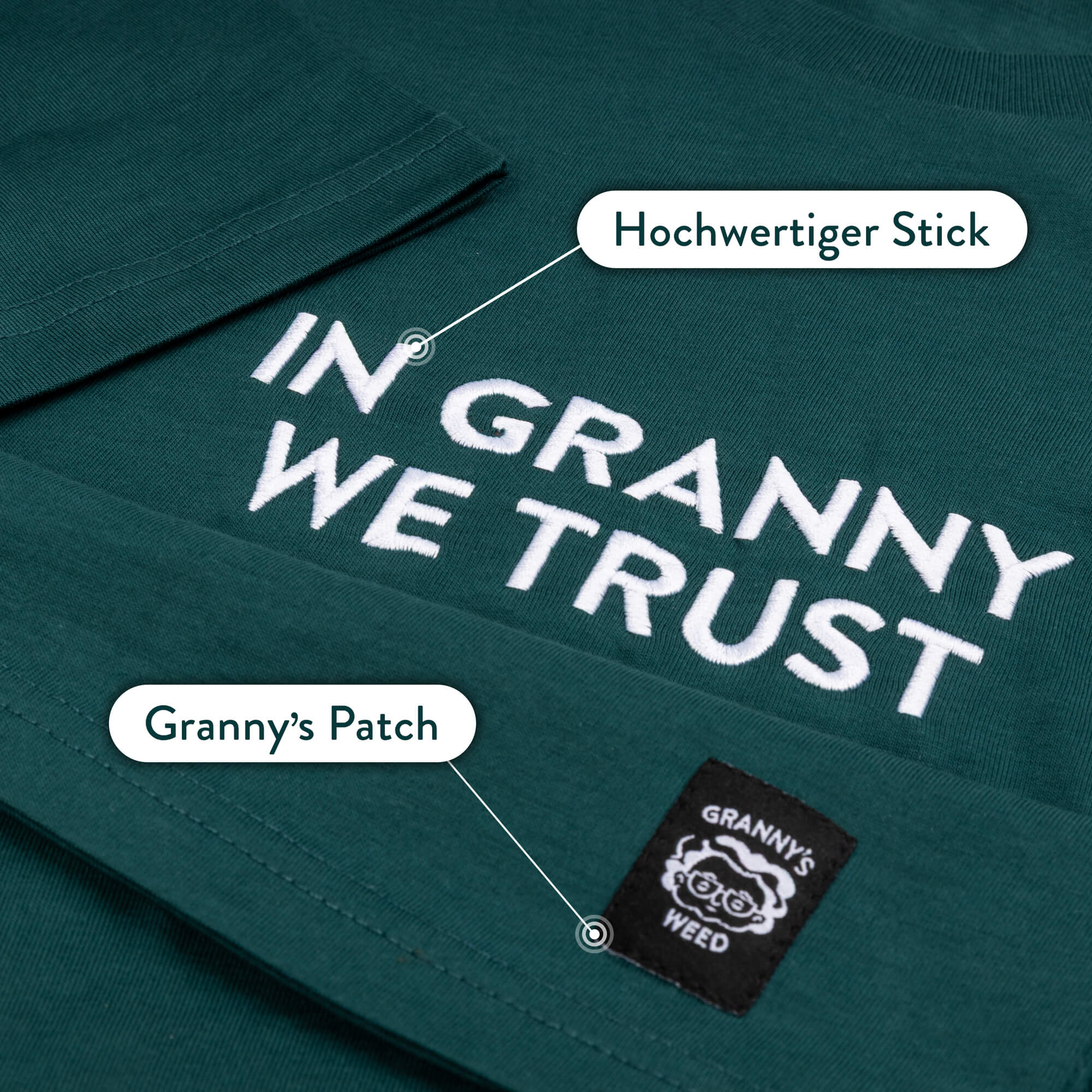 Grannys Weed Logo-Detail auf dunkelgrünem T-Shirt