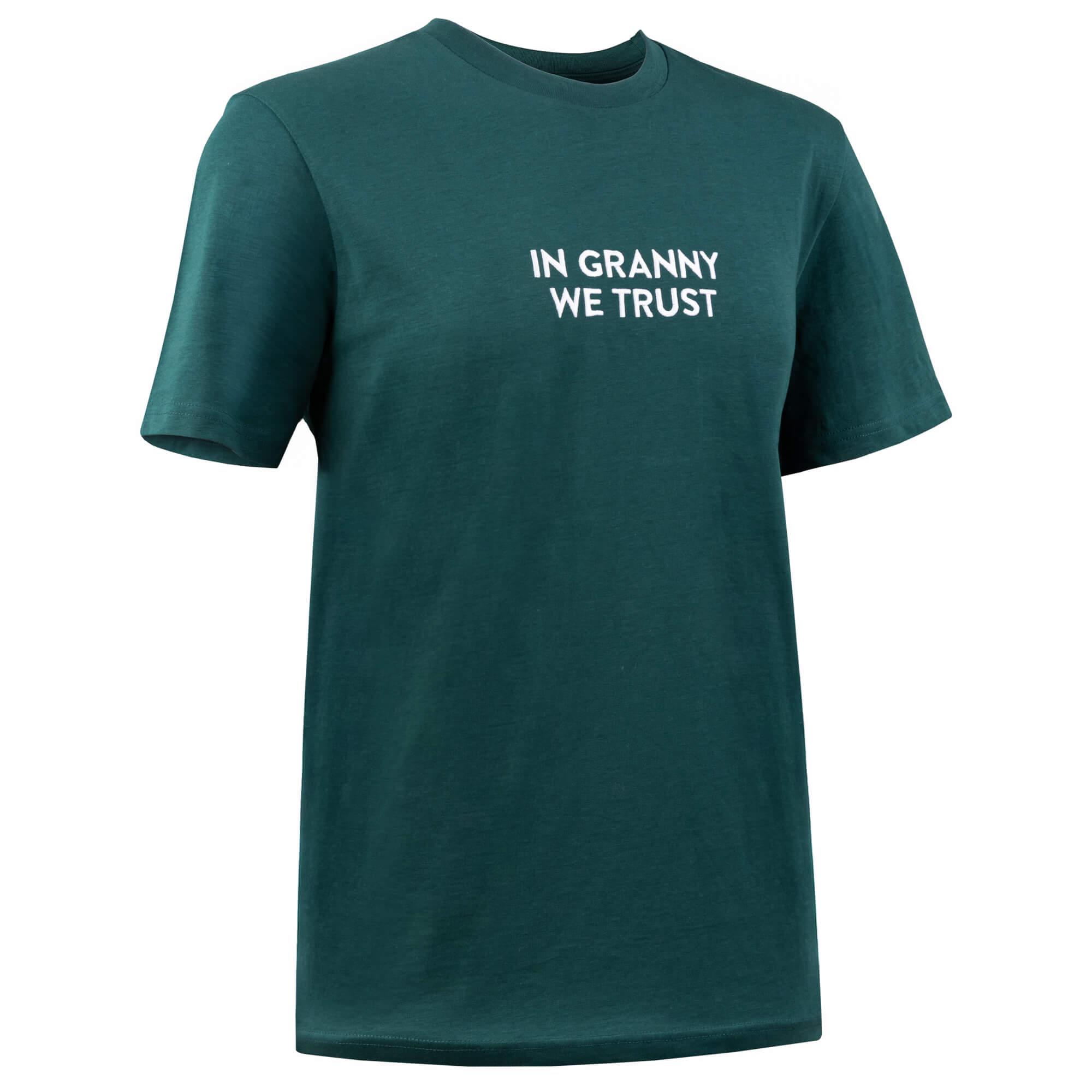 Grannys Weed T-Shirt In Granny We Trust in Dunkelgrün – Frontansicht