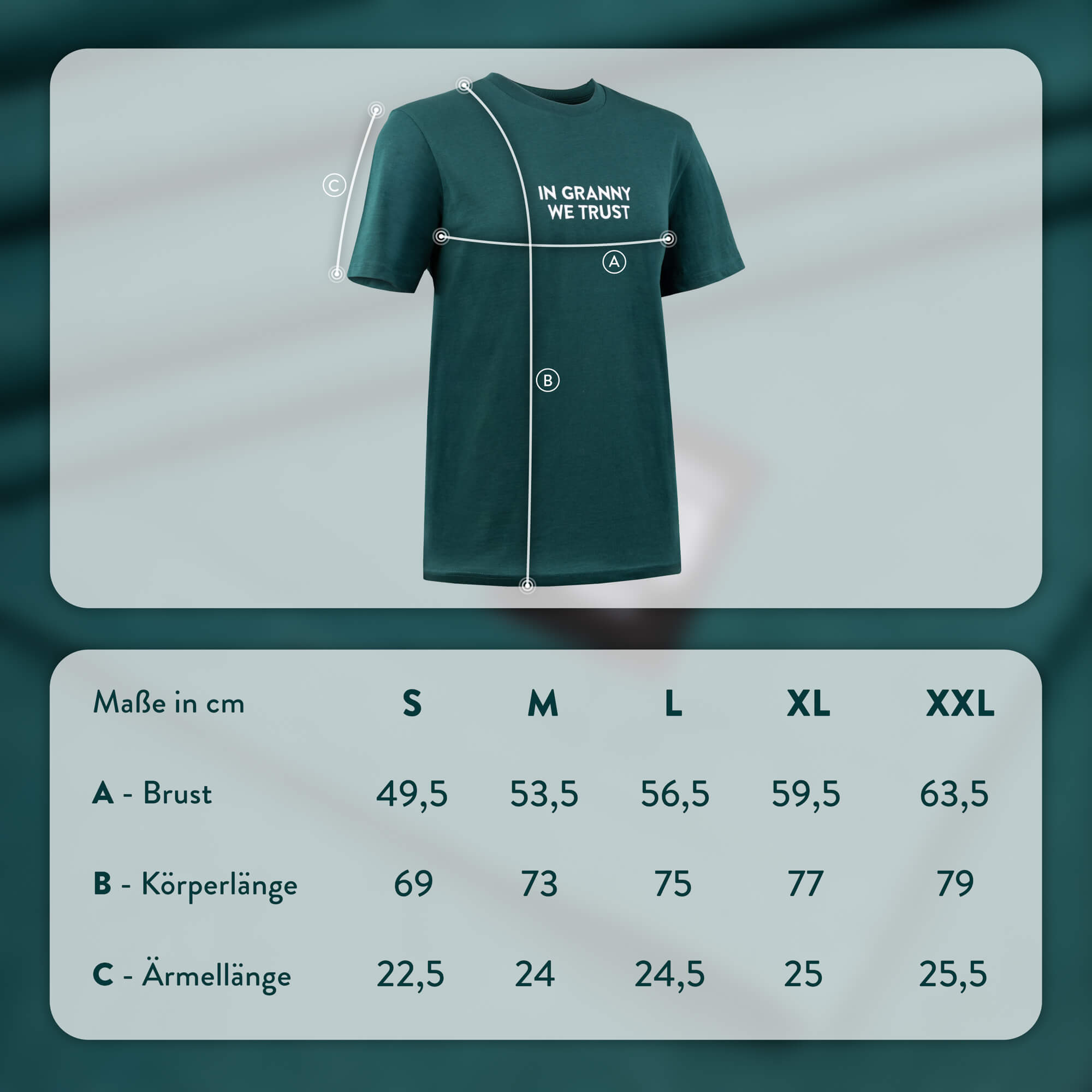 Größentabelle für das Grannys Weed T-Shirt in S, M, L und XL
