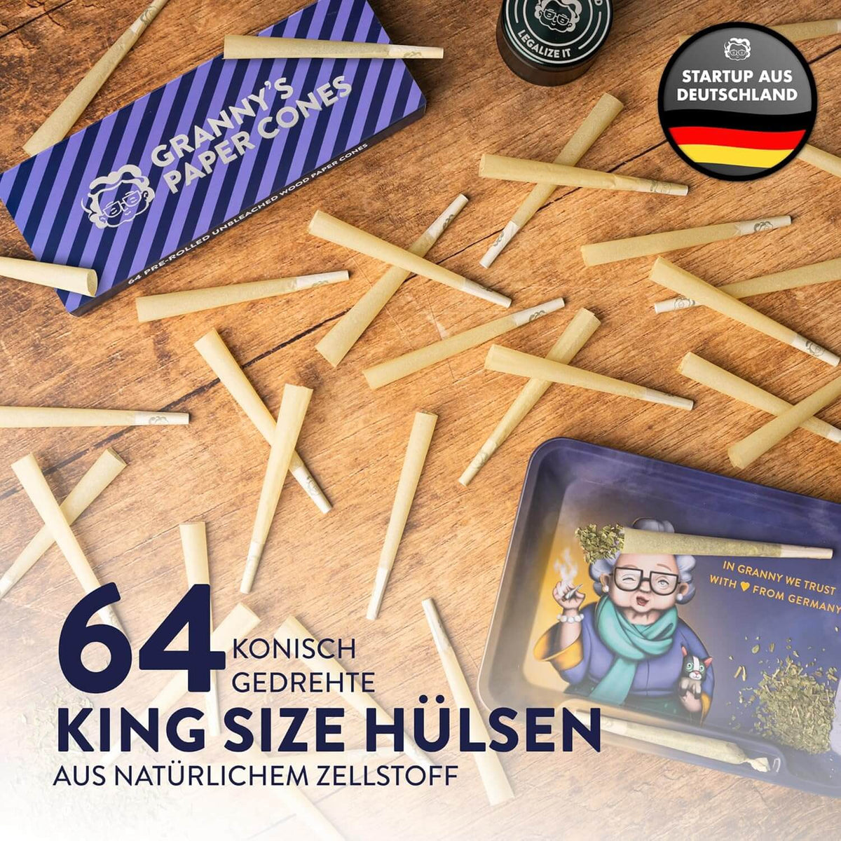 64 vorgerollte King Size Zellstoff Cones von Grannys zum Befuellen
