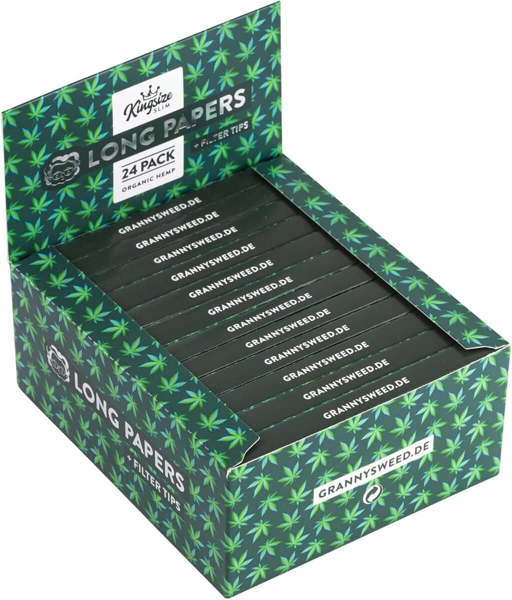 Granny's Weed Long Papers mit Filter Tips – 24 Pack Box aus Bio-Hanf